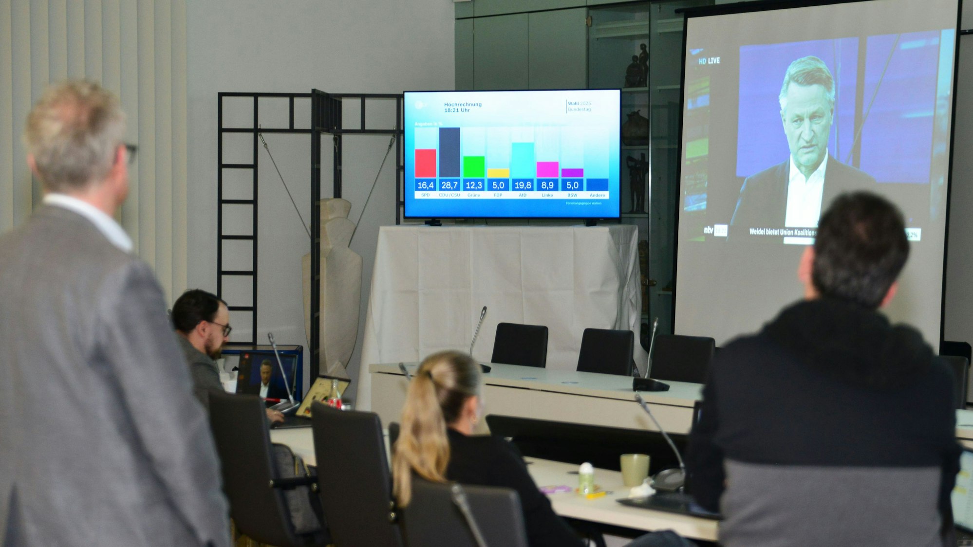 Bei allen Wahlen – hier bei der Bundestagswahl 2025 – verfolgen Politiker und Besucher die Ergebnisse aufmerksam.