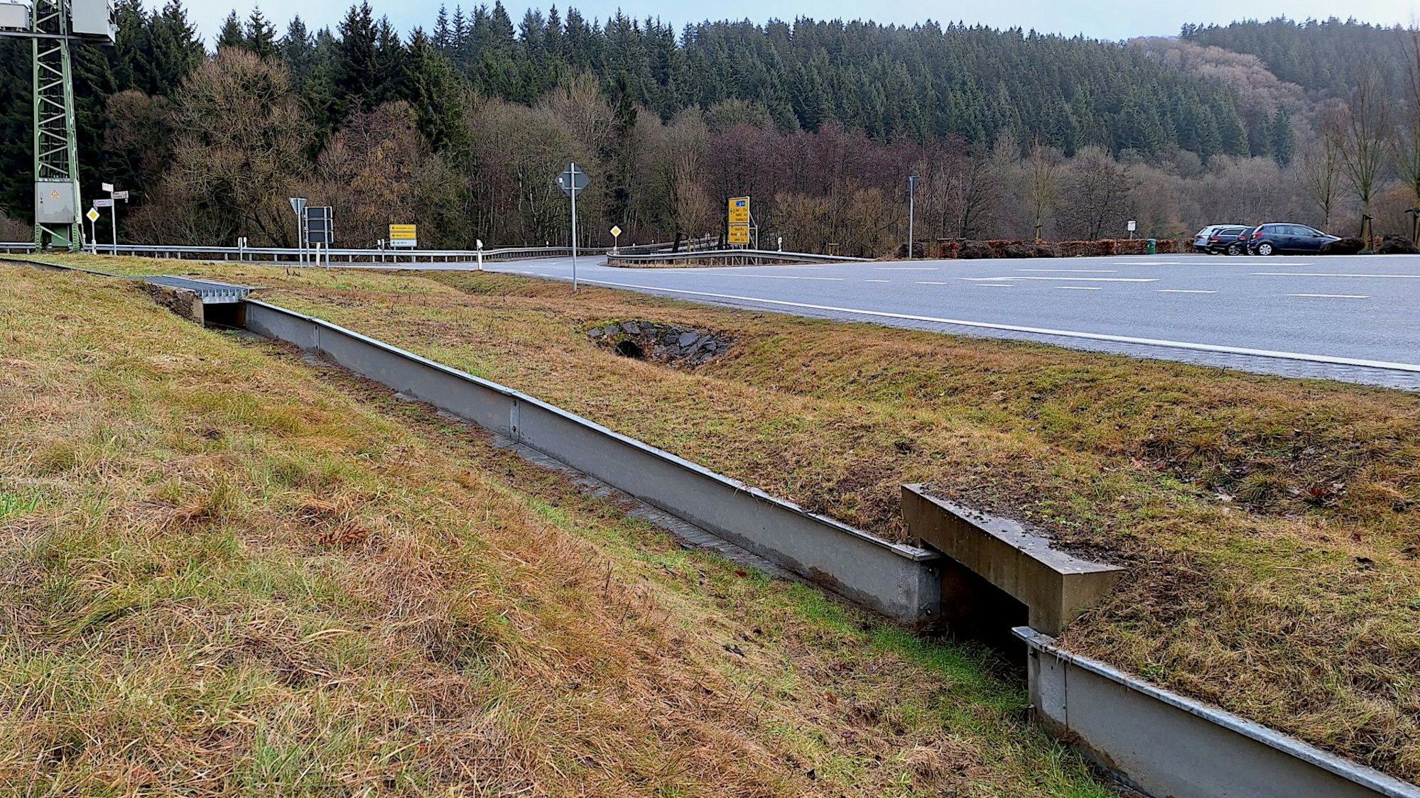 Ein Leitsystem mit Metallplanken und Tunneln, durch das Amphibien sicher eine Landstraße unterqueren können, ist in der Nähe des Kronenburger Sees installiert.