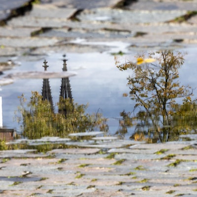 In einer Pfütze am Schokoladenmuseum spiegelt sich der Kölner Dom.