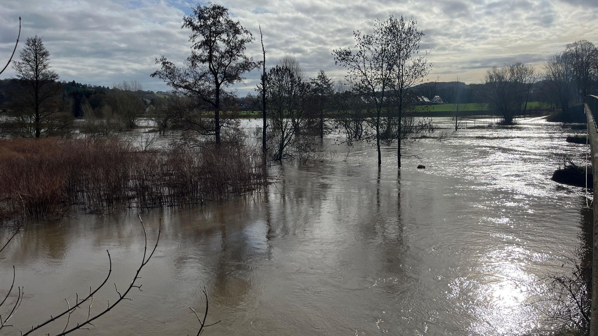 Die Sieg bei Hennef-Weldergoven führt reichlich Hochwasser, die Aue gleicht einem großen See.