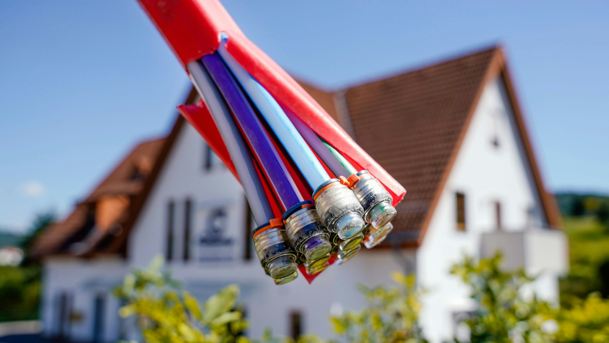 Das Symbolfoto zeigt Glasfaserkabel und im Hintergrund ein Einfamilienhaus.