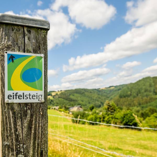 An einem Pfosten ist das Logo des Eifelsteigs befestigt. Im Hintergrund erstreckt sich eine grüne Hügellandschaft,