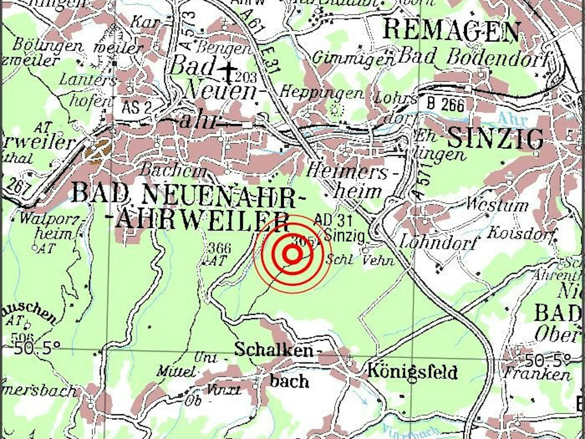 Die Grafik zeigt das Erdbeben mit seinem Epizentrum bei Bad Neuenahr.