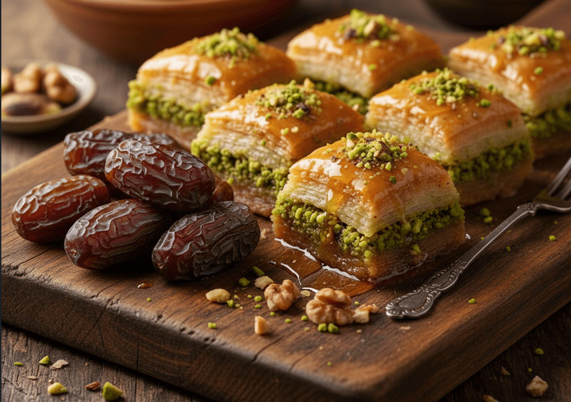 Das Bild zeigt eine ansprechende Anordnung von getrockneten, dunkelbraunen Datteln und goldenen Baklava-Stücken auf einem rustikalen Holzbrett. Die Baklava-Stücke sind reich mit gehackten Pistazien und Walnüssen bestreut und glänzen leicht durch den Honigüberzug.