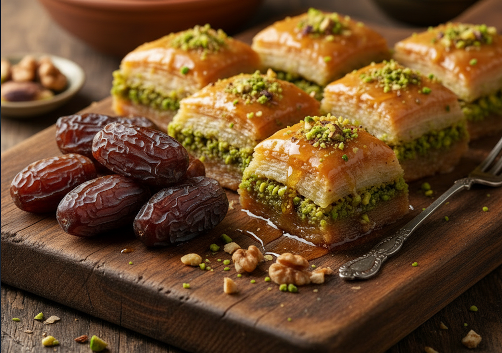 Das Bild zeigt eine ansprechende Anordnung von getrockneten, dunkelbraunen Datteln und goldenen Baklava-Stücken auf einem rustikalen Holzbrett. Die Baklava-Stücke sind reich mit gehackten Pistazien und Walnüssen bestreut und glänzen leicht durch den Honigüberzug.