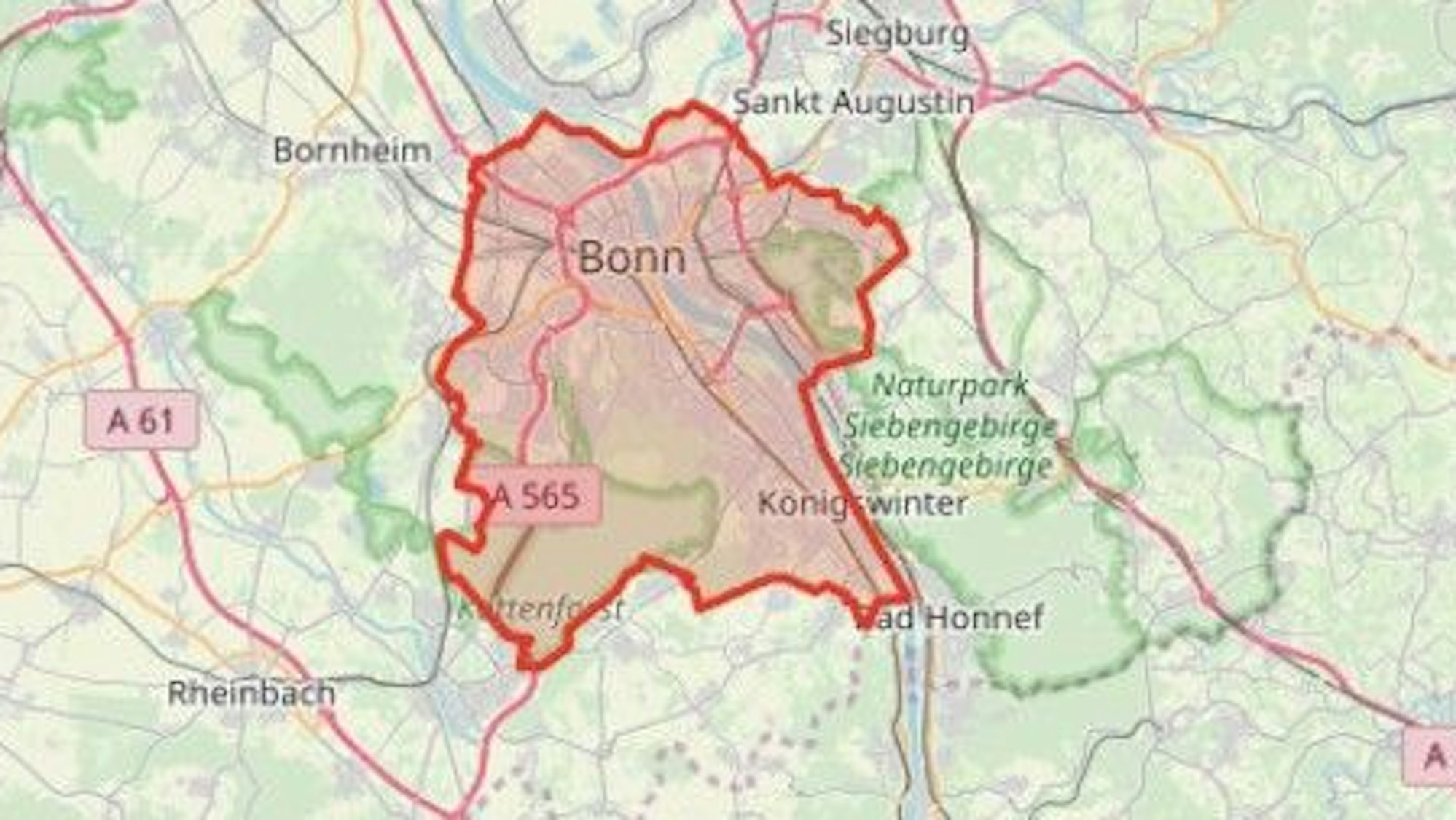 Die Karte zeigt das Warngebiet um die Müllverwertungsanlage in Bonn. Es handelte sich um die erste Warnstufe: Gefahrenwarnung bei Gefahr für die Bevölkerung.