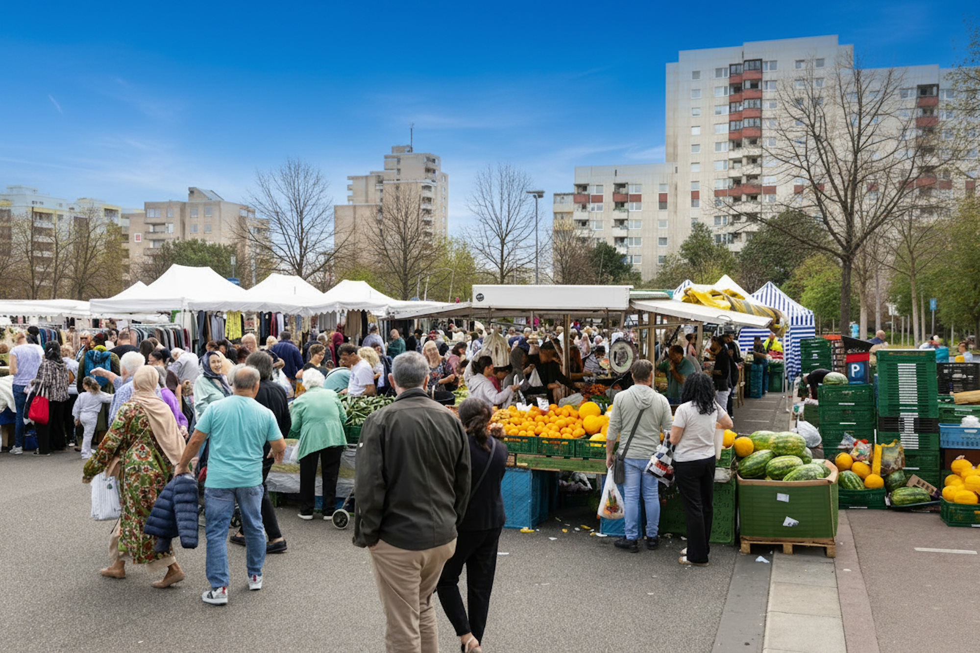 Das Bild zeigt einen belebten Wochenmarkt, auf dem viele Menschen an Marktständen einkaufen. Im Hintergrund ragen mehrere Hochhäuser in den bewölkten Himmel.