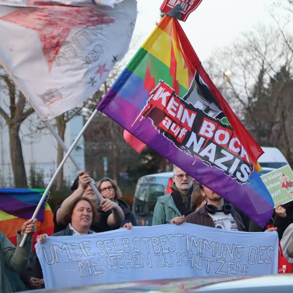 Zu sehen sind Demonstranten mit bunten Bannern.
