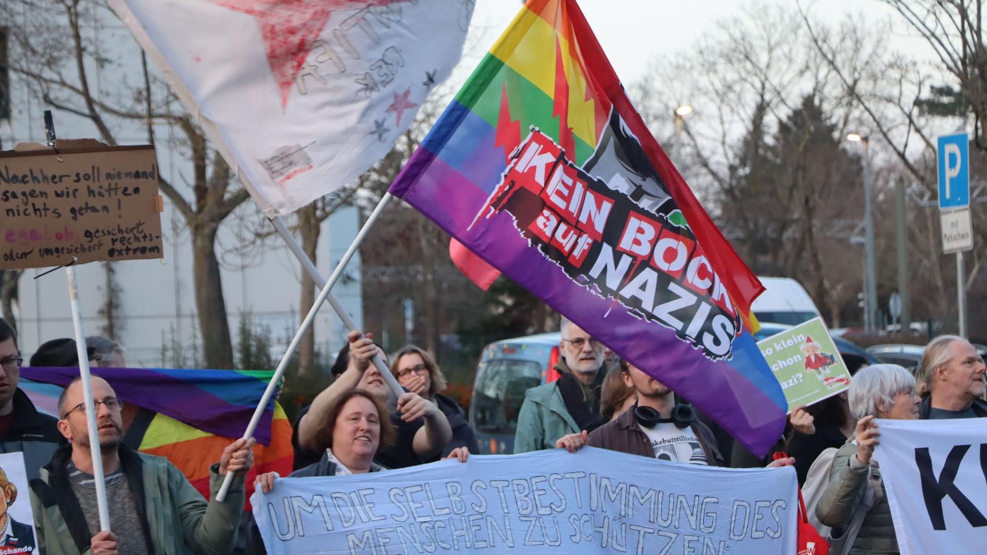 Das Bild zeigt Demonstranten, die Fahnen schwenken.