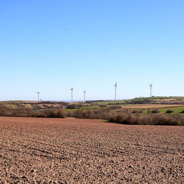 Das Bild zeigt die Eifellandschaft mit Windkraftanlagen im Hintergrund.