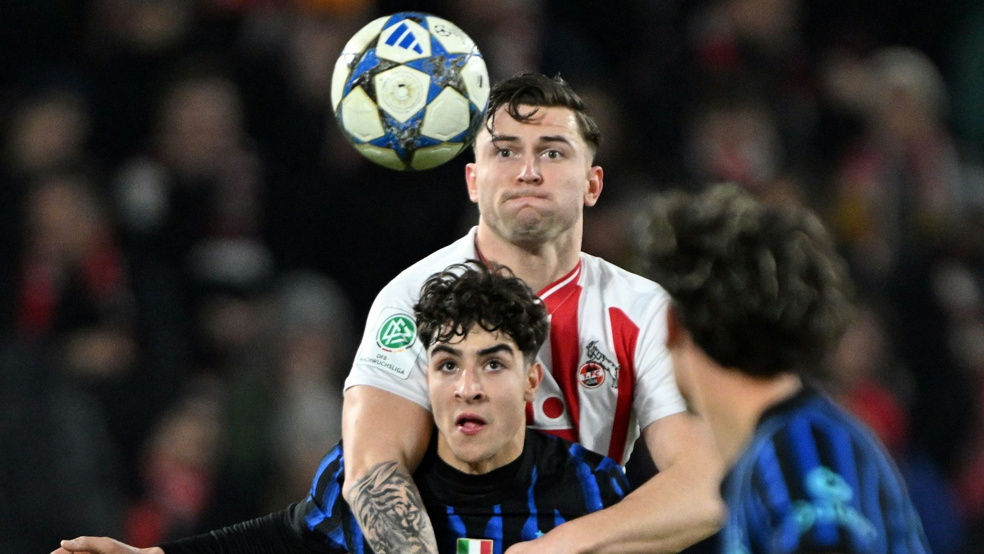 04.02.2026, Nordrhein-Westfalen, Köln: UEFA Youth League: 1. FC Köln - Inter Mailand, RheinEnergie-Stadion, Luis Stapelmann (hinten,1. FC Köln) und Matias Mancuso (Inter Mailand) kämpfen um den Ball. Foto: Federico Gambarini/dpa +++ dpa-Bildfunk +++