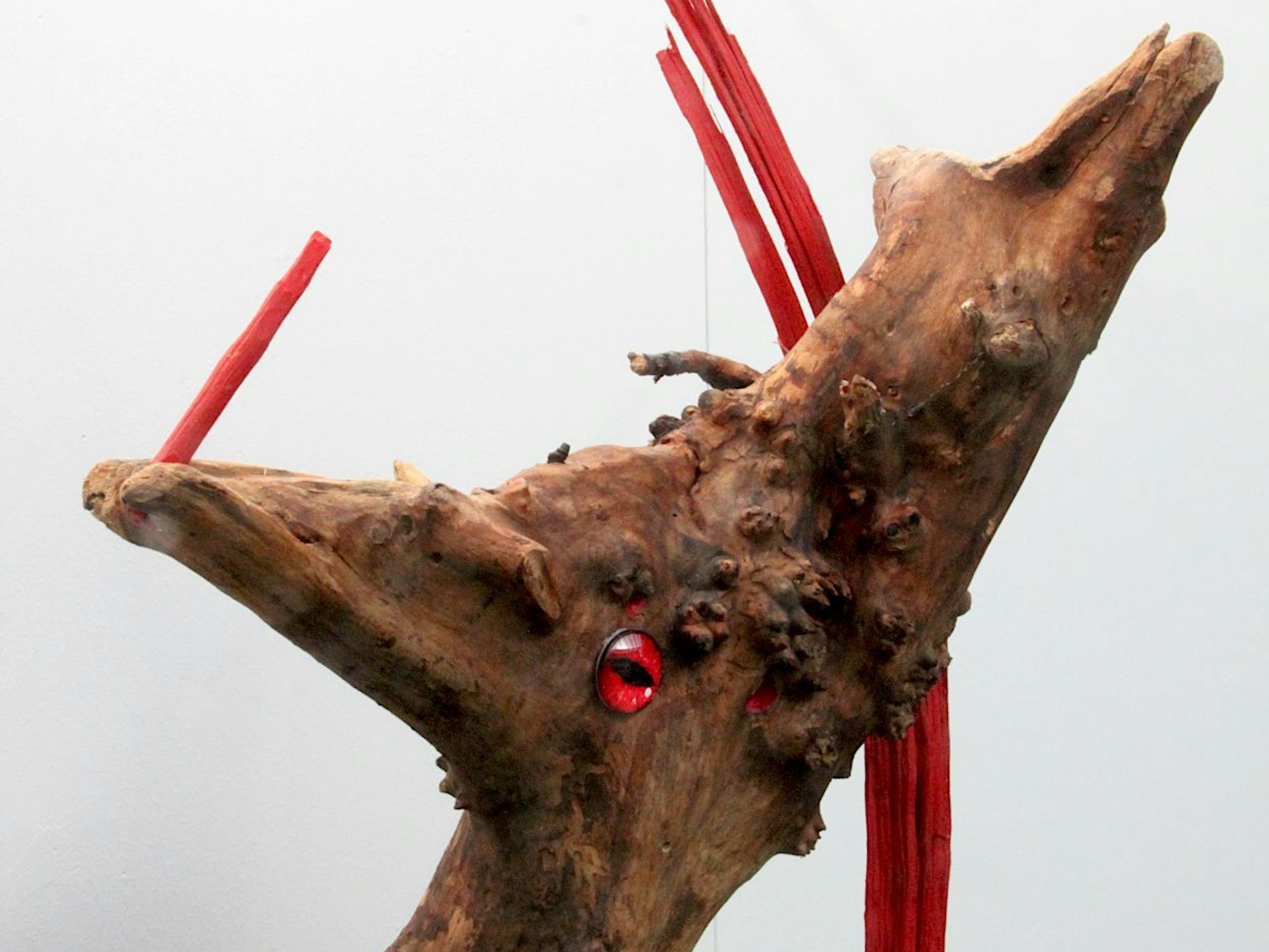 Ein Stück Holz ist mit einem roten Glasauge versehen. Die Künstlerin hat es so zu einem „Phönix aus dem Hürtgenwald“ gestaltet.