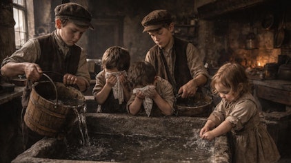 Das Foto zeigt Kinder beim Waschen am Wassertrog