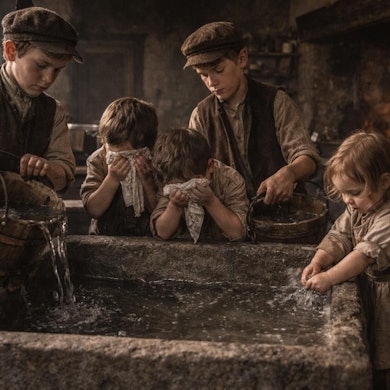 Das Foto zeigt Kinder beim Waschen am Wassertrog