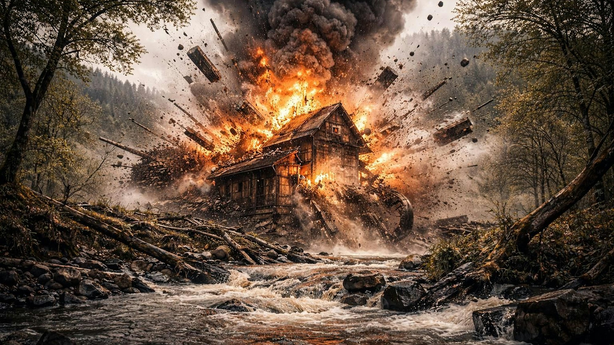 Das Foto zeigt eine Explosion in einer Pulvermühle.