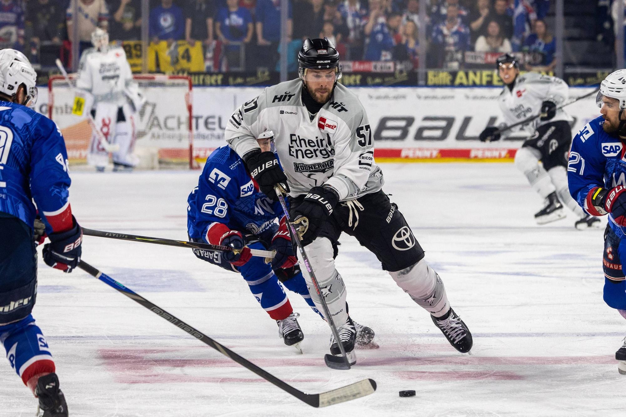 DEL, Deutsche Eishockey Liga Saison 2025/26, 49. Spieltag: Adler Mannheim gegen Kölner Haie***Am Puck: Brady Austin 57, Köln Copyright: xUdoxHerrmannx