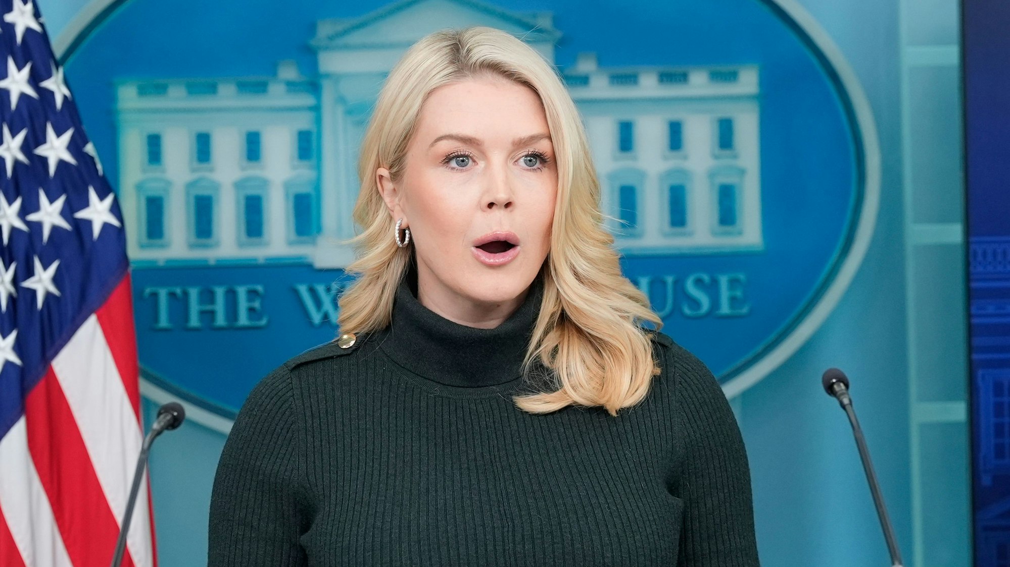 Die Pressesprecherin des Weißen Hauses, Karoline Leavitt, spricht mit Reportern im Weißen Haus. (Archivbild)