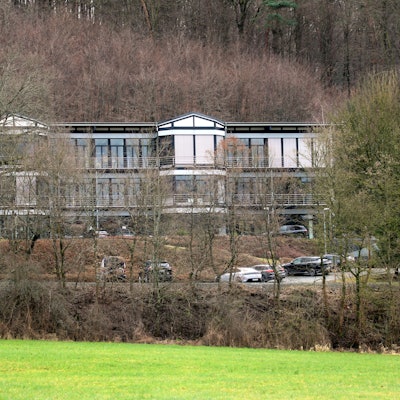 Zu sehen ist ein großes Gebäude hinter Bäumen auf einer Anhöhe.