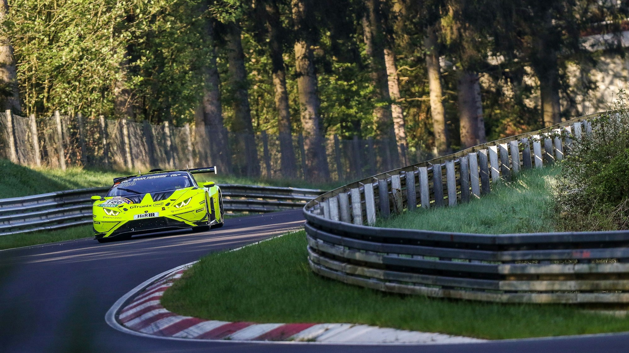 Ein Sportwagen fährt in einem Waldstück durch eine Kurve.