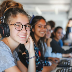 Das Foto zeigt junge Frauen vor Bildschirmen.