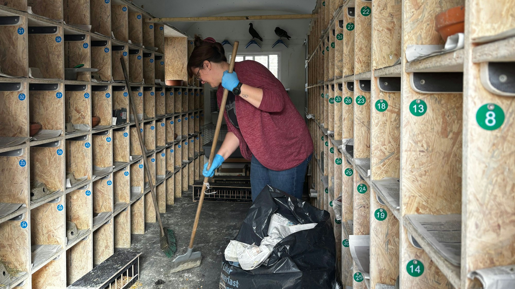 Eine Frau steht in dem Taubenwagen und hat einen Besen in der Hand. Neben ihr steht ein großer Müllsack.