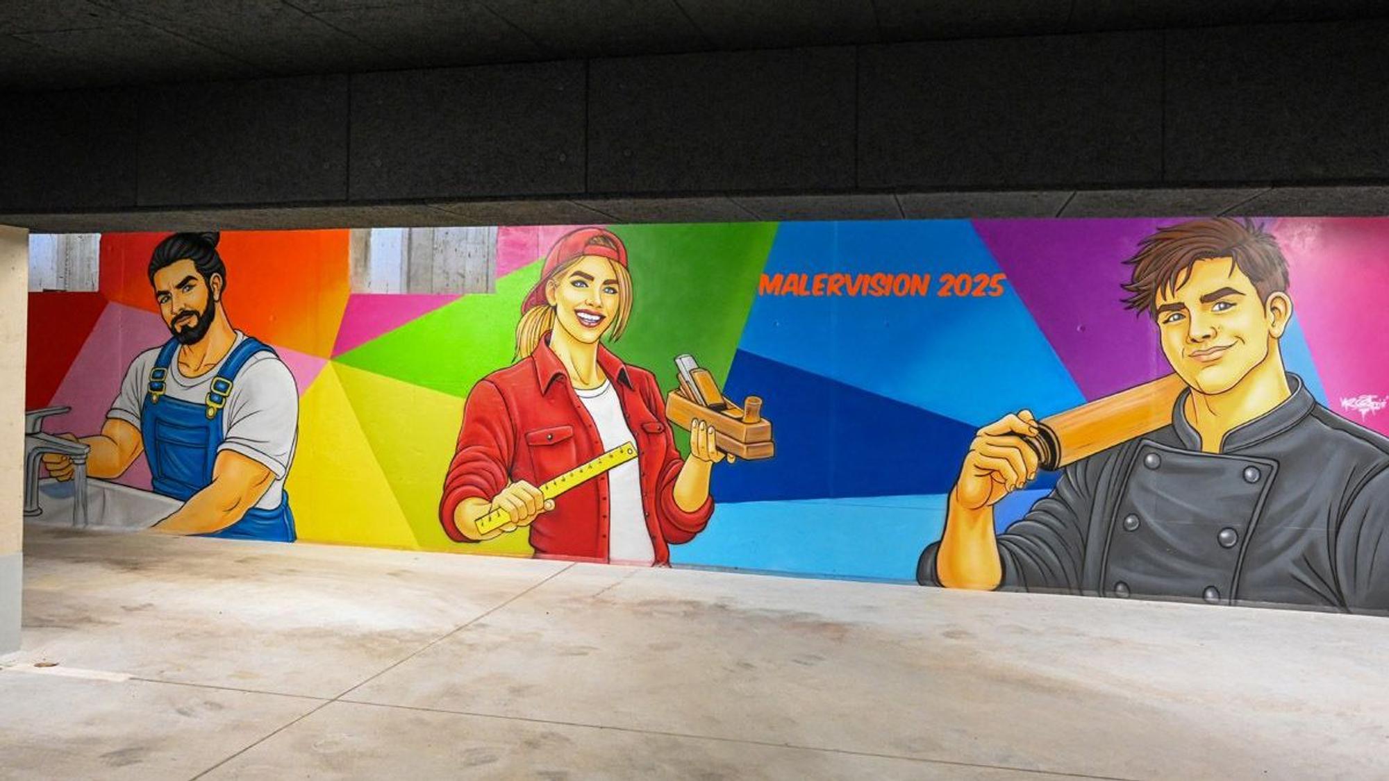 Das Foto zeigt ein Graffiti mit jungen Handwerkern als Motiv