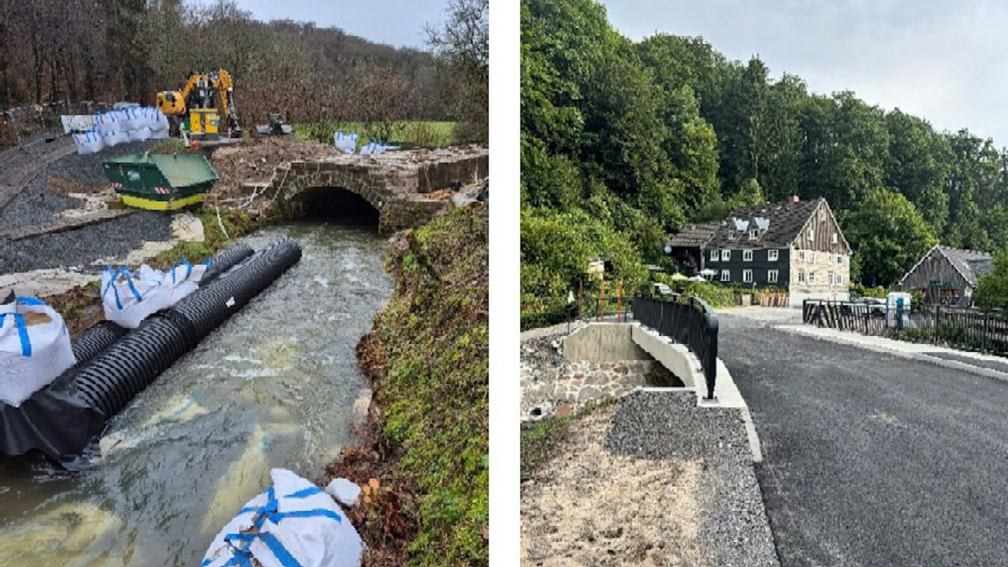 Zwei Bilder zeigen die zerstört und jetzt neu errichtete Kreisstraßenbrücke in Wermelskirchen-Neuemühle.