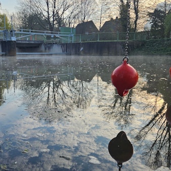 Die Erft in Bedburg: Im Hintergrund ein Wehr, im Vordergrund Rettungsbojen.