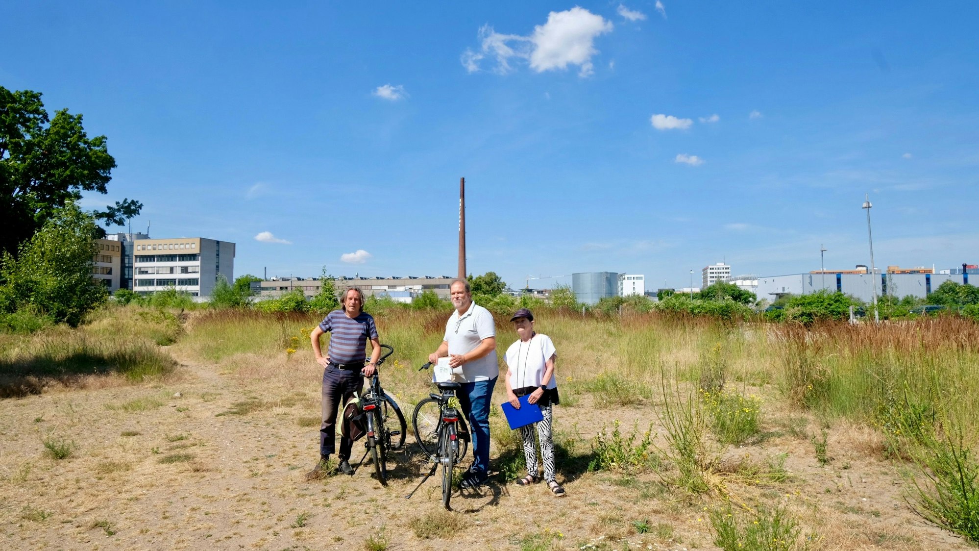 Bezirksbürgermeister Roland Schüler, Harald Schäfer und Ilsetraut Popke (v. l.) vom Rahmenplanungsbeirat Braunsfeld/Müngersdorf/Ehrenfeld auf der Brache am Gleisdreieck, wo der Hybridpark entstehen soll.
