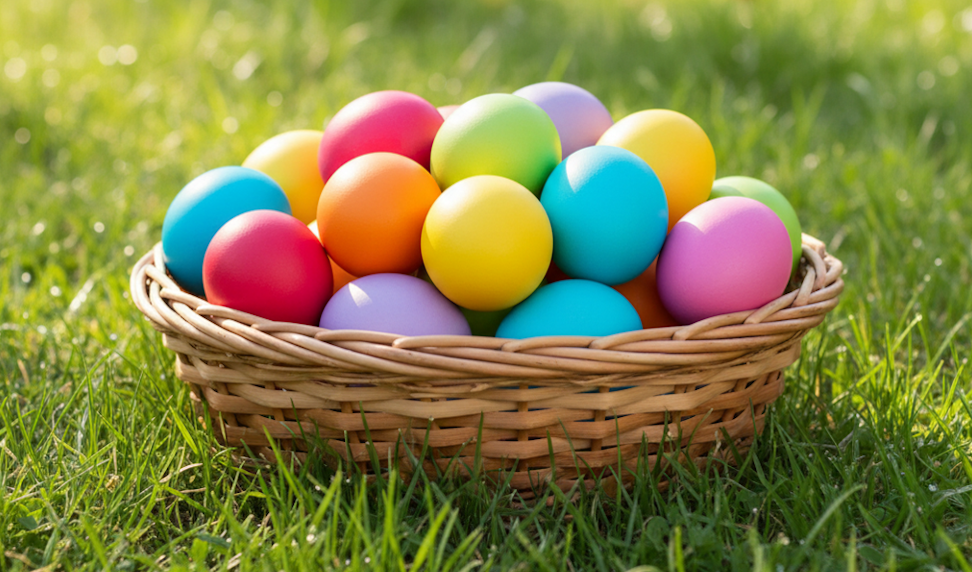 Bunte Ostereier in einem Weidenkörbchen auf grünem Gras im Frühlingslicht.