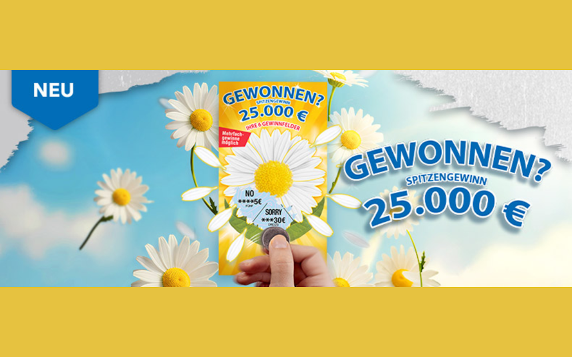 Das Bild zeigt das neue Rubbellos „Gewonnen?" von WestLotto. Zu sehen ist eine Margeriten-Blüte und der Schriftzug „Gewonnen? Spitzengewinn 25.000€".