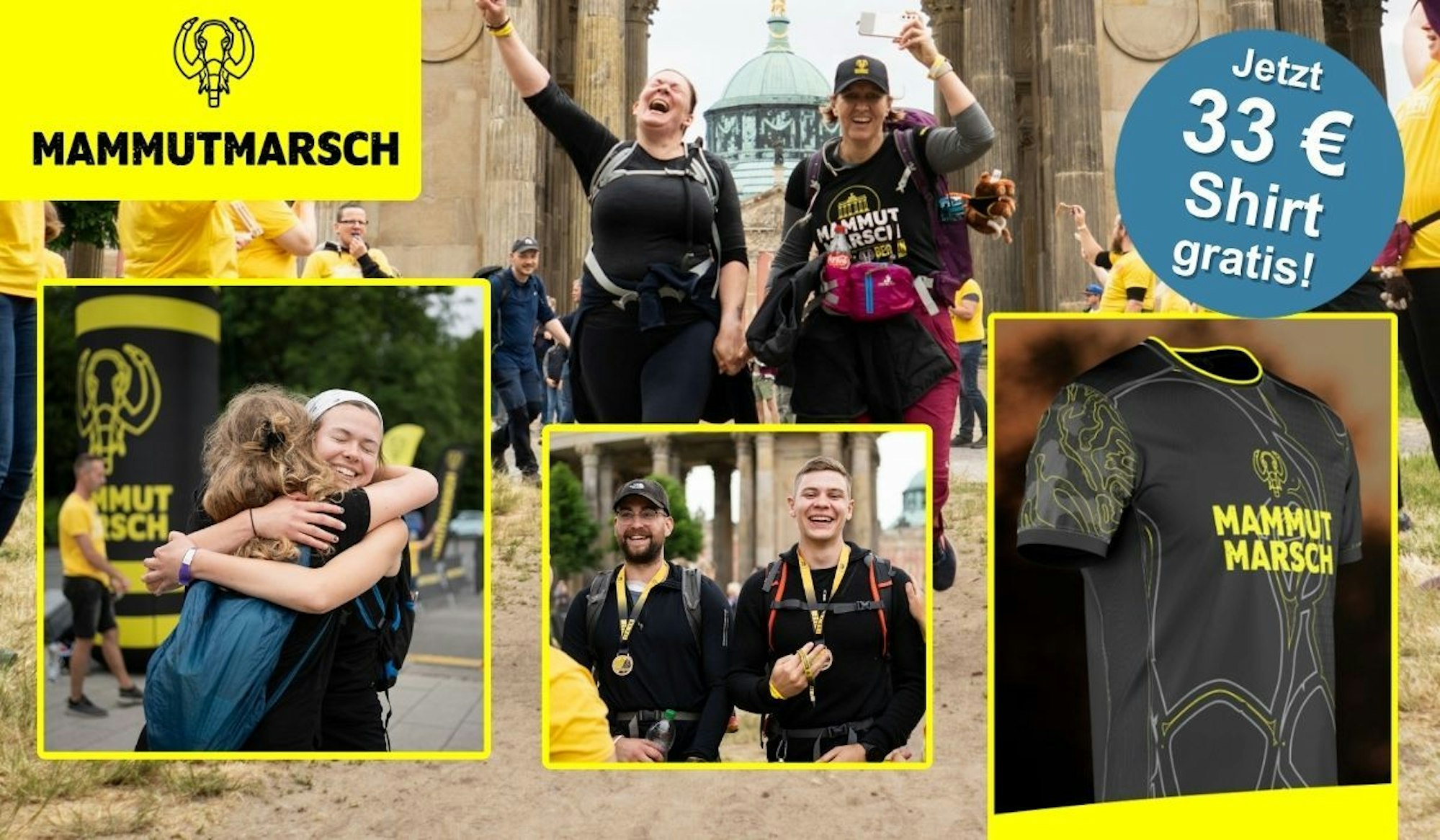 Bildcollage des Mammutmarschs: Im Hauptbild springen zwei Teilnehmerinnen jubelnd vor einem historischen Gebäude in die Luft; links eine herzliche Umarmung zweier Finisherinnen; in der Mitte zwei stolze Teilnehmer mit Finisher-Medaillen; rechts das schwarze Mammutmarsch-Funktionsshirt mit gelben Neon-Details.