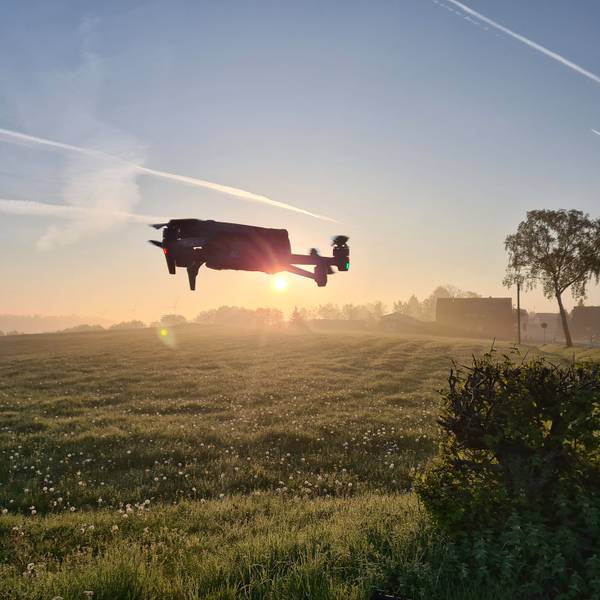 Eine Drohne steigt bei Sonnenaufgang über einer Wiese auf.