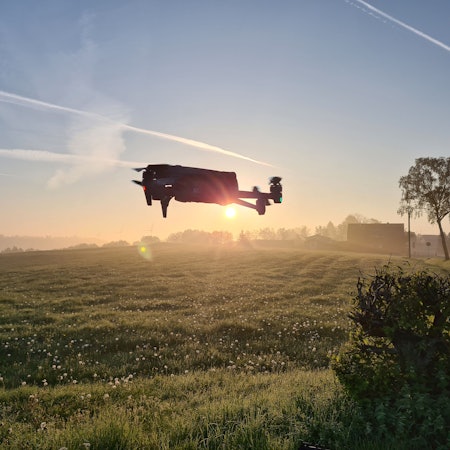 Eine Drohne steigt bei Sonnenaufgang über einer Wiese auf.