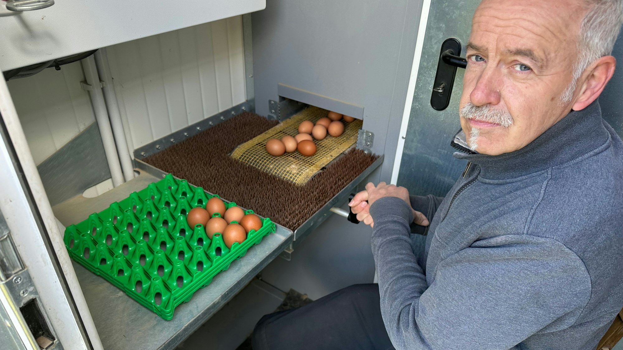 Paul Lückerath sortiert die Eier, die über ein Fließband aus dem Legewagen kommen.