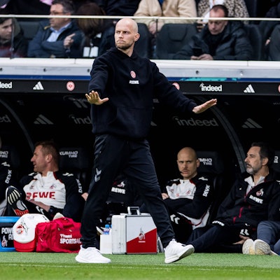 FRANKFURT, GERMANY - APRIL 5: Rene Wagner Head Coach 1. FC Koeln gestures during the Bundesliga match between Eintracht Frankfurt vs. 1. FC Koeln at Deutsche Bank Park on matchday 28 of the 1. Bundesliga on April 5, 2026 in Frankfurt, Germany. DFL REGULATIONS PROHIBIT ANY USE OF PHOTOGRAPHS AS IMAGE SEQUENCES AND/OR QUASI-VIDEO. Hessen Germany Copyright: xSteffiexWunderlx