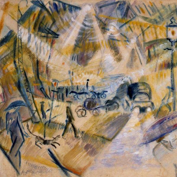 Werk im futuristischen Stil, das die Dynamik der pulsierenden Metropole Paris mit sich überlagernden Schlaglichtern und schemischen, vorbeiziehenden Passanten zeigt.