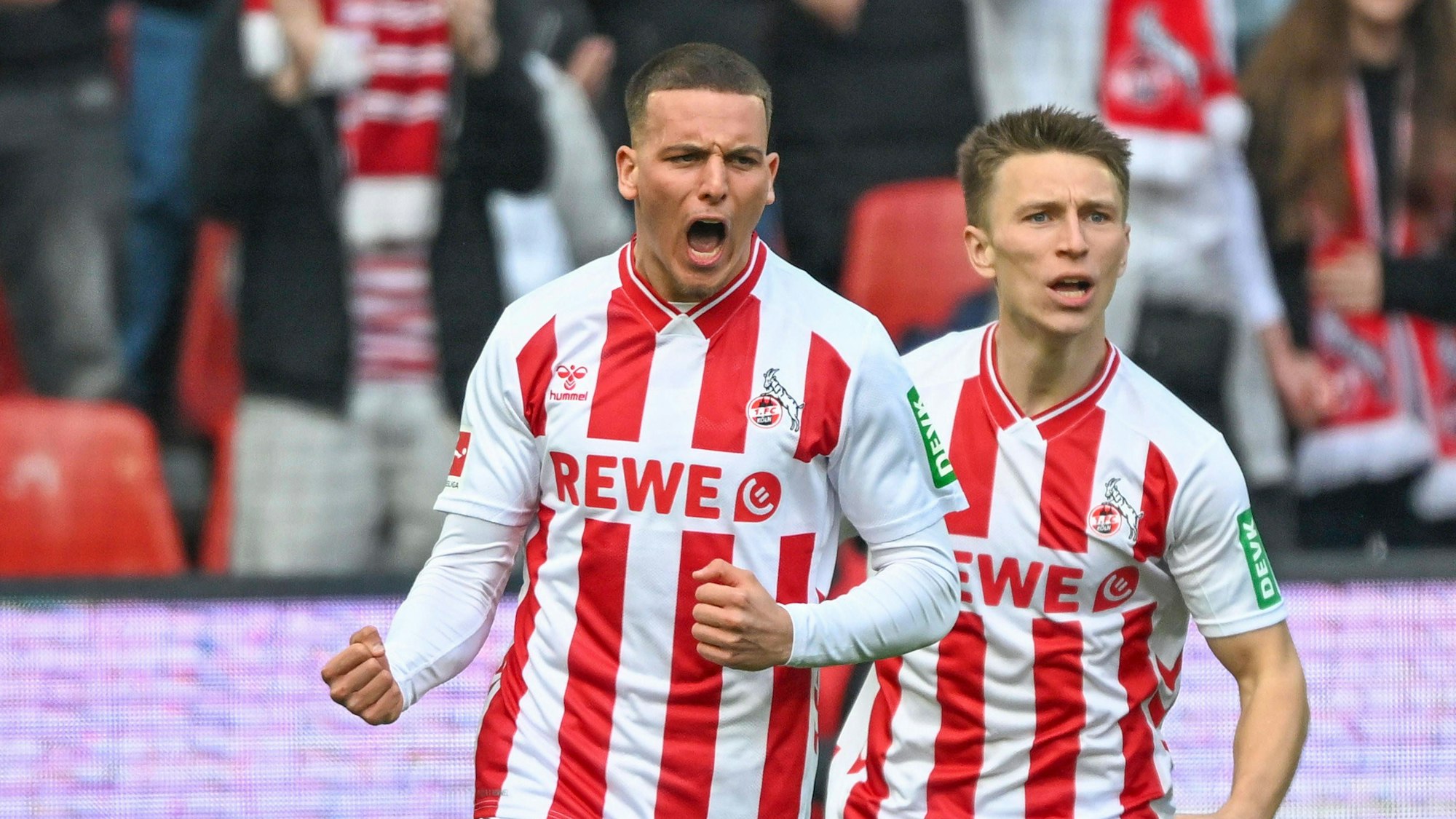 Said El Mala Koeln 13 jubelt nach dem Tor zum 1:1 mit Kristoffer Lund Koeln 32 21.03.2026 Fussball 1. FC Koeln vs Borussia Moenchengladbach, Rheinenergiestadion, Koeln, DFB/DFL REGULATIONS PROHIBIT ANY USE OF PHOTOGRAPHS AS IMAGE SEQUENCES AND/OR QUASI-VIDEO *** Said El Mala Koeln 13 celebrates after scoring the 1 1 goal with Kristoffer Lund Koeln 32 21 03 2026 Football 1 FC Koeln vs Borussia Moenchengladbach, Rheinenergiestadion, Koeln, DFB DFL REGULATIONS PROHIBIT ANY USE OF PHOTOGRAPHS AS IMAGE SEQUENCES AND OR QUASI VIDEO Copyright: xpepphotox/xHorstxMauelshagenx pep00321, pep_20260321_hm_312369