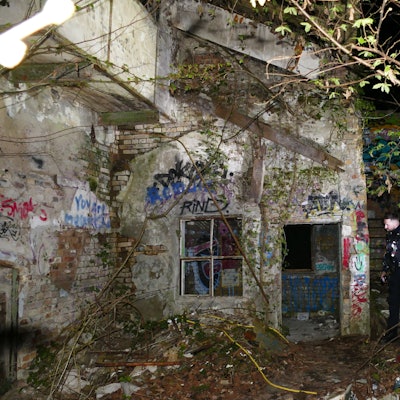 Rettungskräfte im Wald vor der Ruine des Pleistalswerks, wo der Jugendliche vermutlich abgestürzt war.