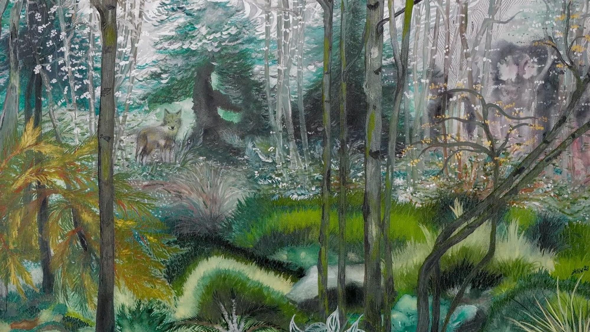 Wolfsgroschenroman der Kunstinitiative im Heimatverein Eitorf. "Auf der Pirsch" von Heike Schmidt-Wilhelmi