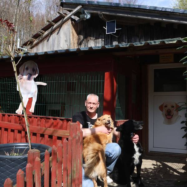 Ein Mann sitzt mit zwei Hunden vor einer Auffangstation für Hunde.