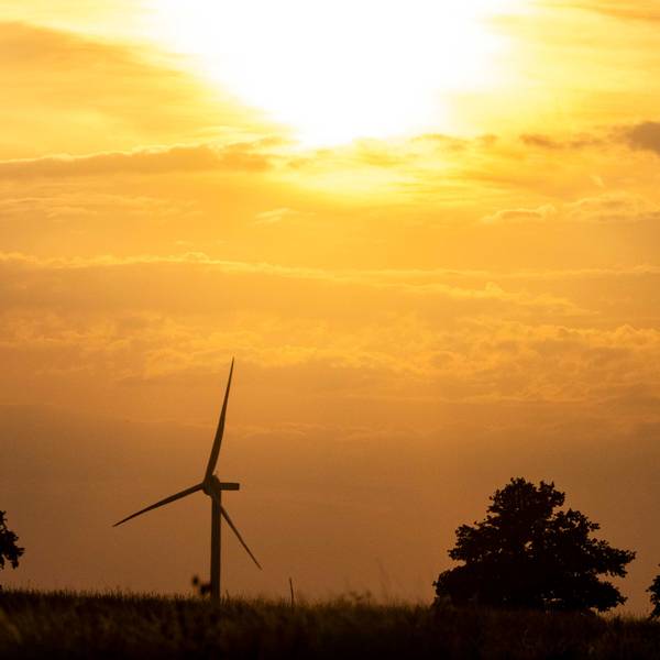 Das Bild zeigt ein Windrad im Sonnenuntergang.