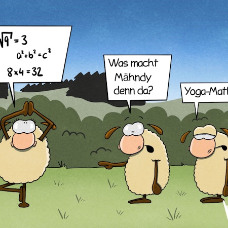 Zwei Schafe beobachten ihre Schaffreundin Mähndy, die gerade eine Yoga-Figur macht und an mathematische Formeln denkt. Das eine Schaf fragt: „Was macht Mähndy denn da?“ Das andere antwortet: „Yoga-Mathe!“