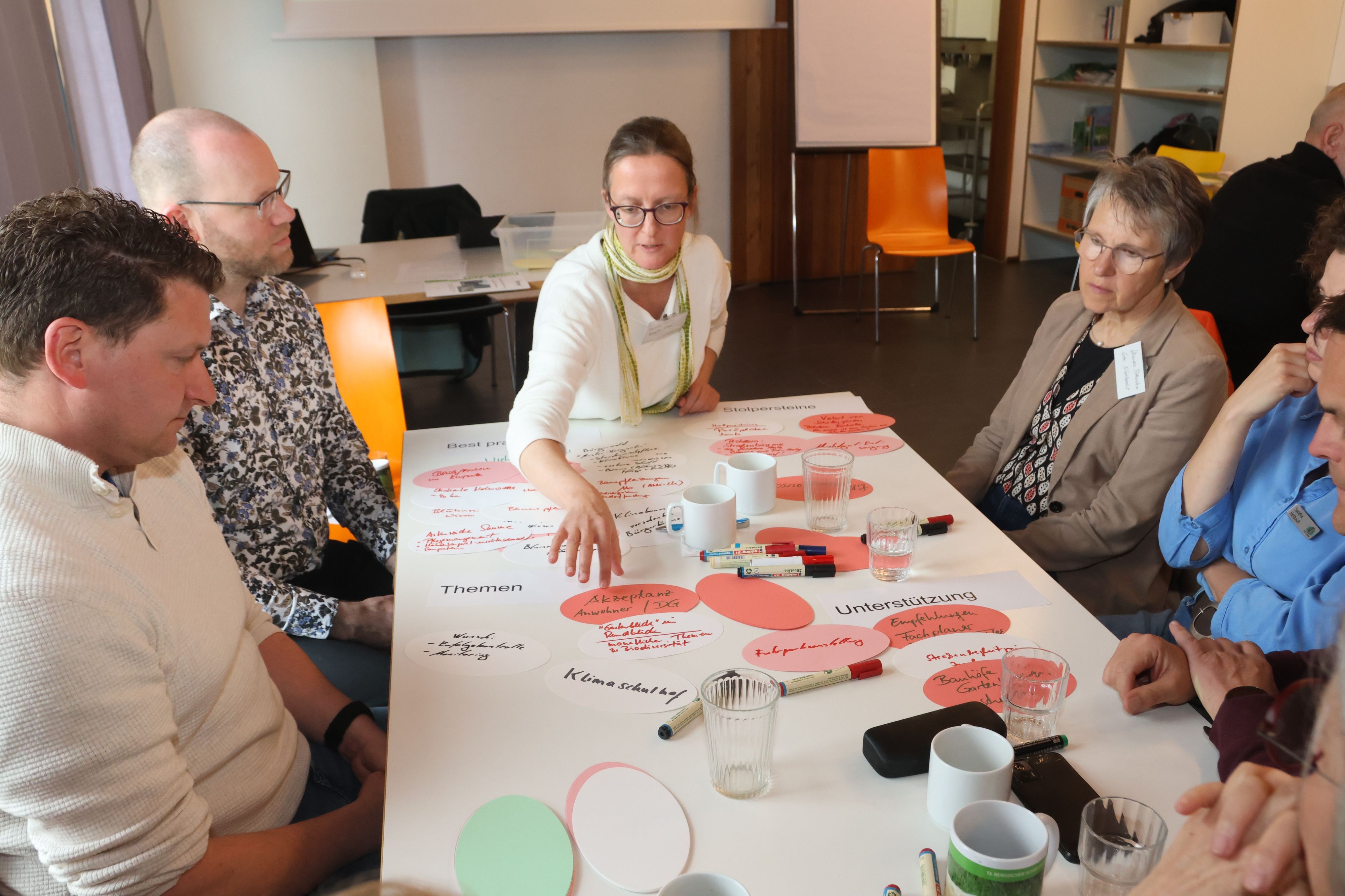 An mehreren Tischen halten Workshop-Teilnehmer auf Zetteln Maßnahmen fest.