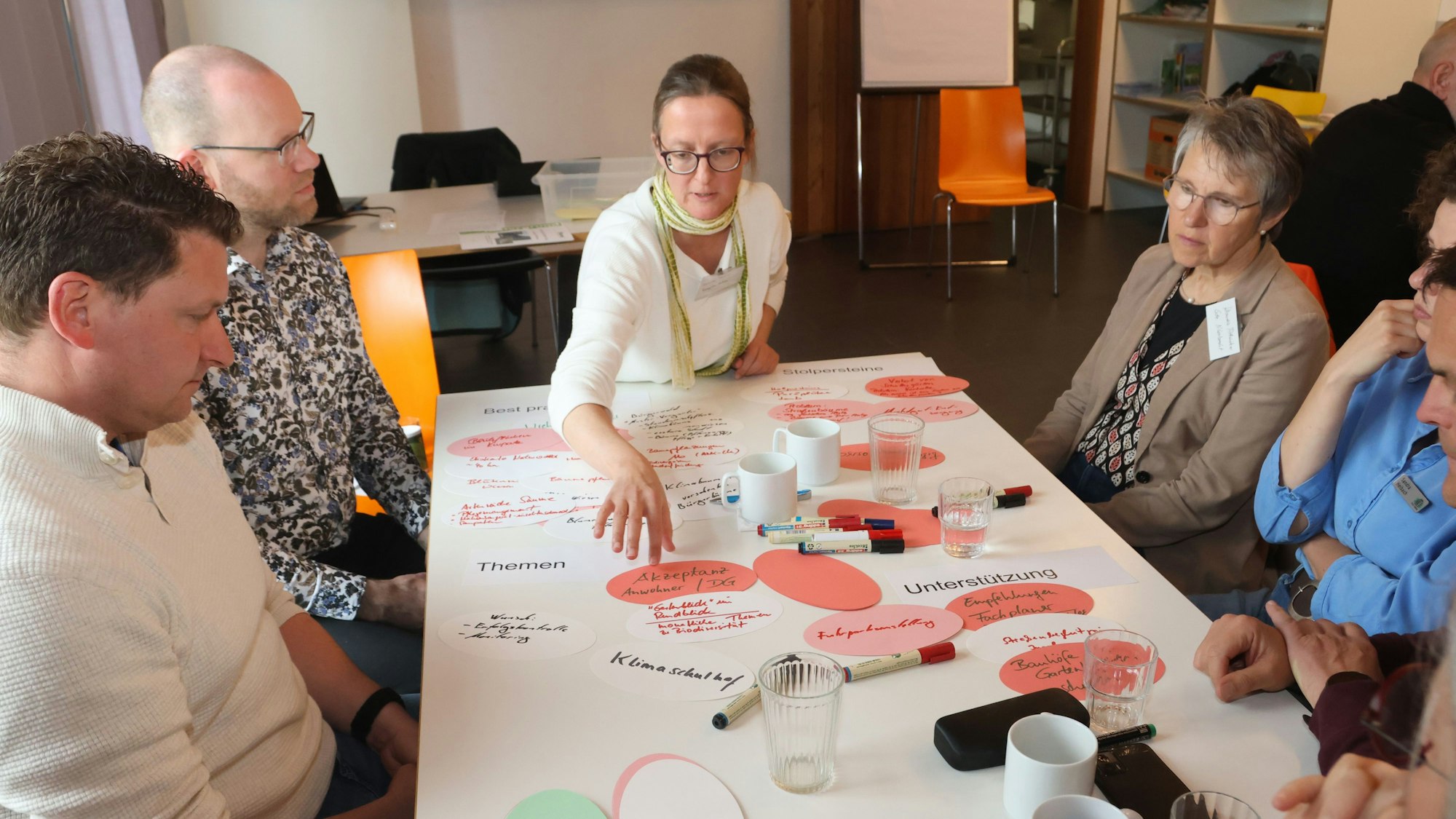 An mehreren Tischen halten Workshop-Teilnehmer auf Zetteln Maßnahmen fest.
