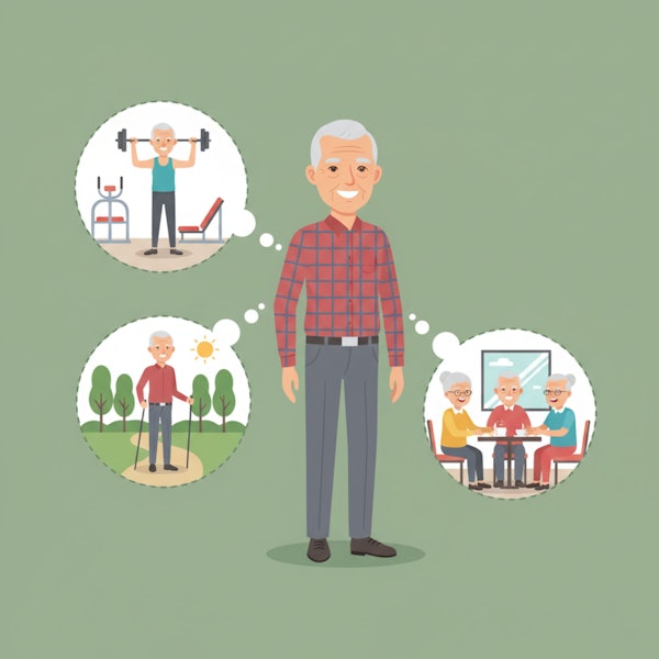 Ein Senior mit Gedankenblasen, in denen Gewichtheben, Spazierengehen und Geselligkeit abgebildet sind.
