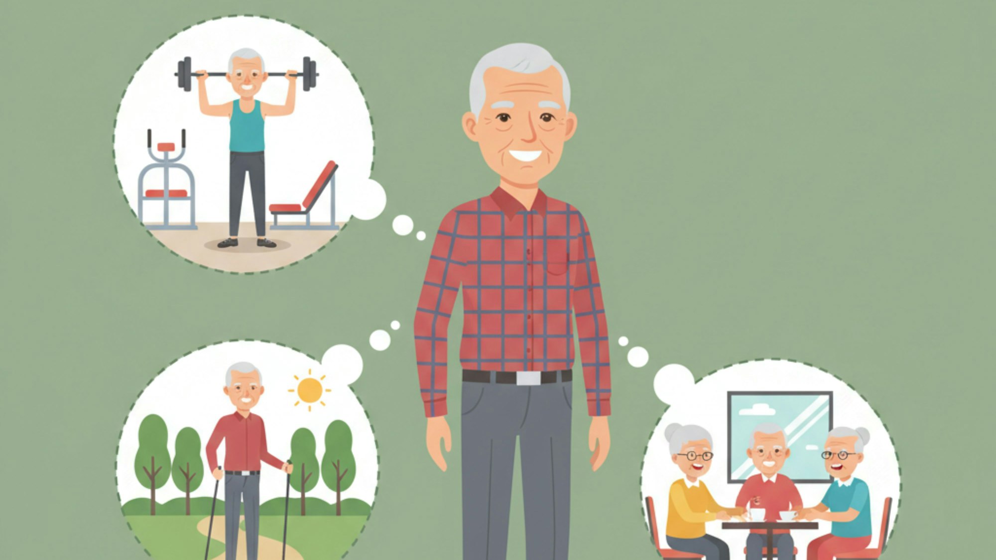 Ein Senior mit Gedankenblasen, in denen Gewichtheben, Spazierengehen und Geselligkeit abgebildet sind.