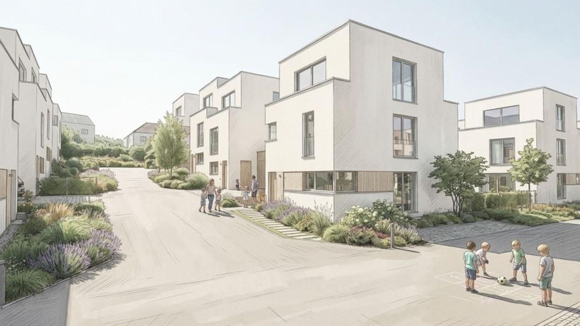 Neun Einfamilienhäuser sind vorgesehen, dazu kommen 20 Doppelhaushälften und drei Mehrfamilienhäuser mit je fünf Wohneinheiten.