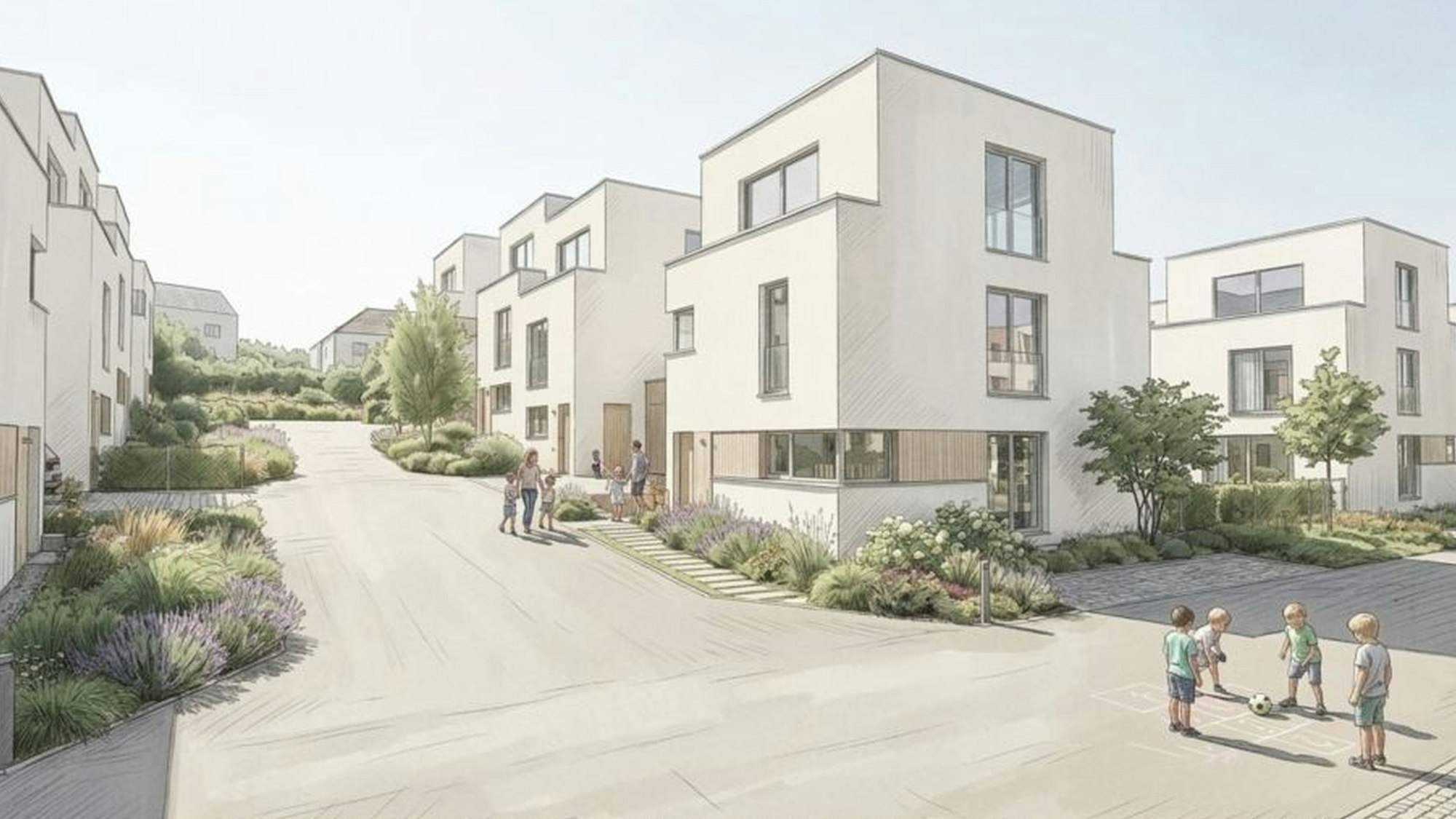 Neun Einfamilienhäuser sind vorgesehen, dazu kommen 20 Doppelhaushälften und drei Mehrfamilienhäuser mit je fünf Wohneinheiten.