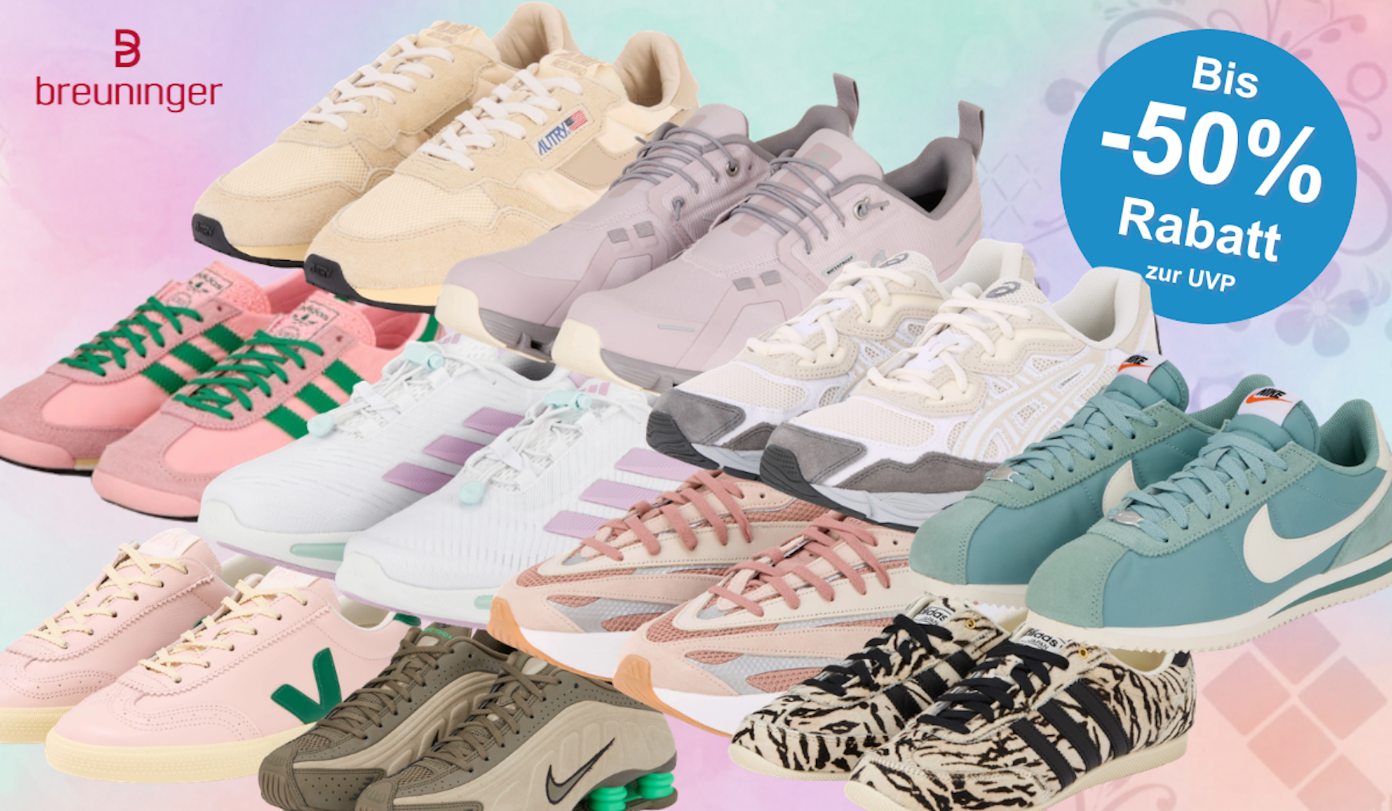 Sneaker verschiedener Marken wie Nike, Adidas, New Balance, Veja, Autry und mehr vor buntem Hintergrund mit Breuninger Logo.